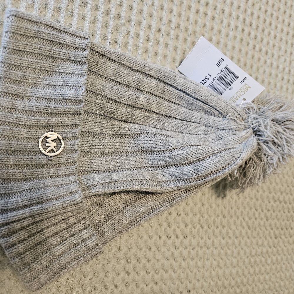 Michael Kors Silver Ribbed Beanie with Pom